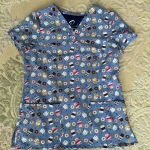 Blue Cutie Coffee and Donuts Scrub Top